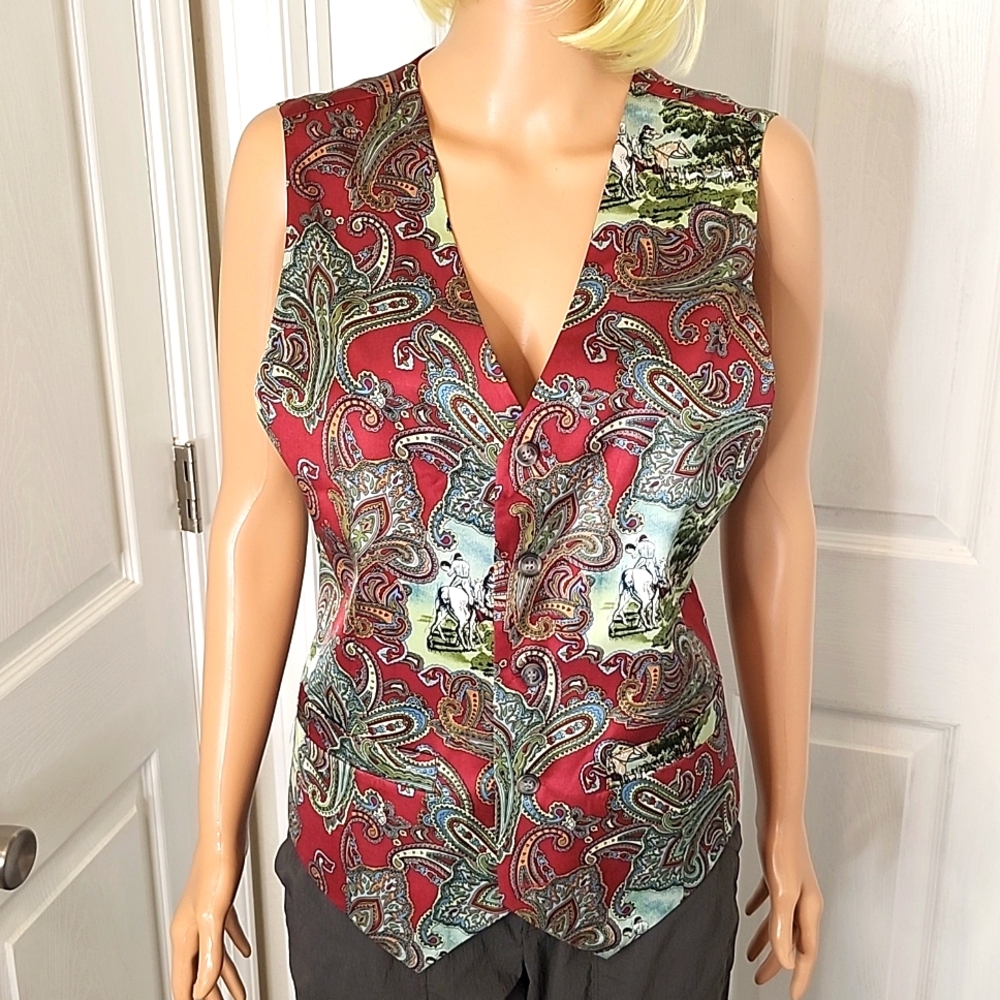 Preston & York Silk Button Down Vest with Equestrian Pattern Material